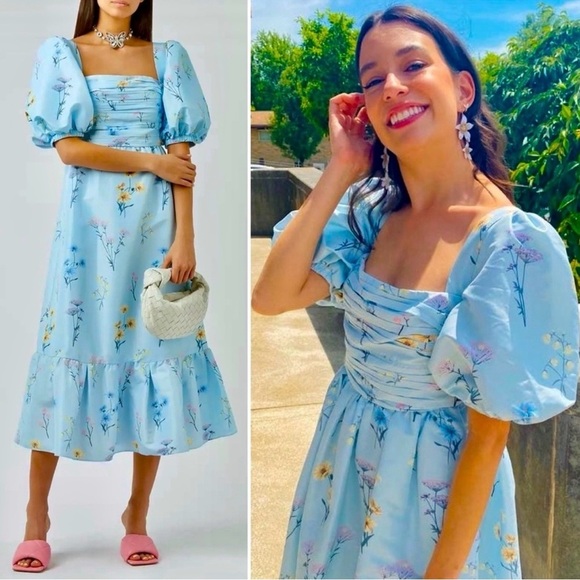 NWOT Self-Portrait Watercolor Taffeta Blue Puff Sleeve Floral Midi Dress Size 6 - Picture 2 of 8